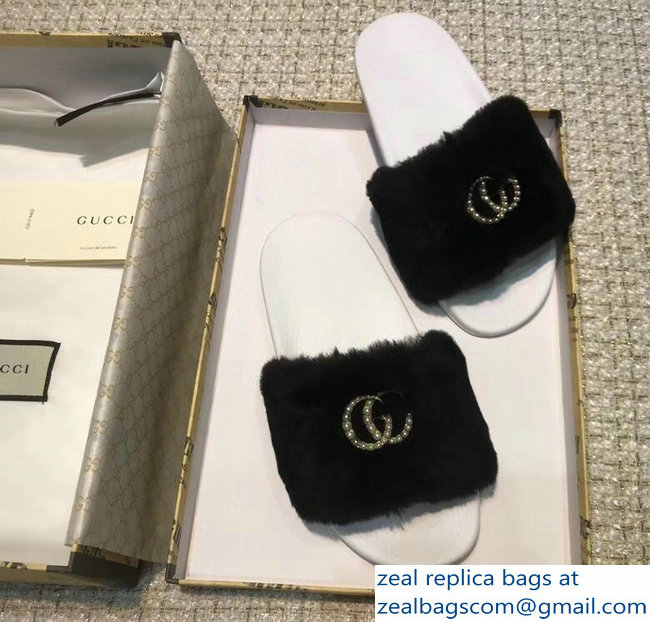 Gucci Heel 1.5cm Shearling Fur Crystal Double G Slide Sandals Black 2018 - Click Image to Close