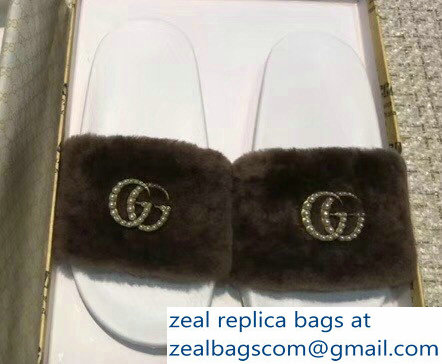 Gucci Heel 1.5cm Shearling Fur Crystal Double G Slide Sandals Coffee 2018 - Click Image to Close