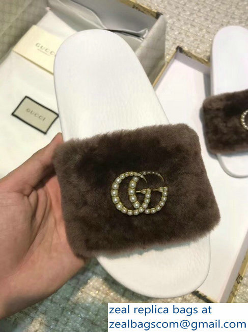 Gucci Heel 1.5cm Shearling Fur Crystal Double G Slide Sandals Coffee 2018