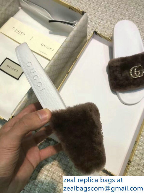 Gucci Heel 1.5cm Shearling Fur Crystal Double G Slide Sandals Coffee 2018