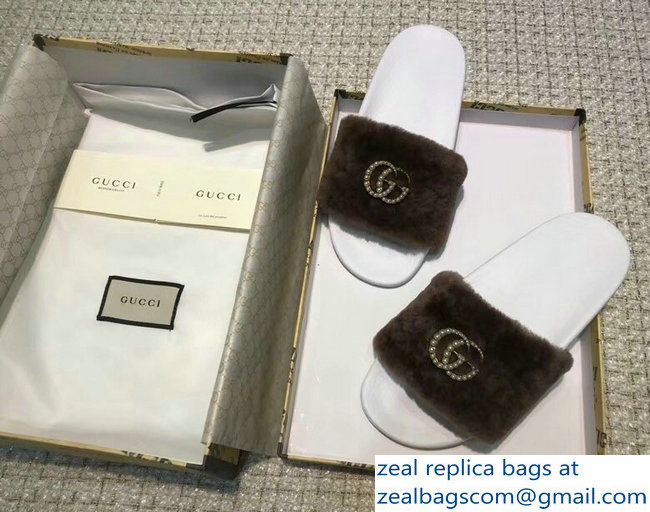 Gucci Heel 1.5cm Shearling Fur Crystal Double G Slide Sandals Coffee 2018