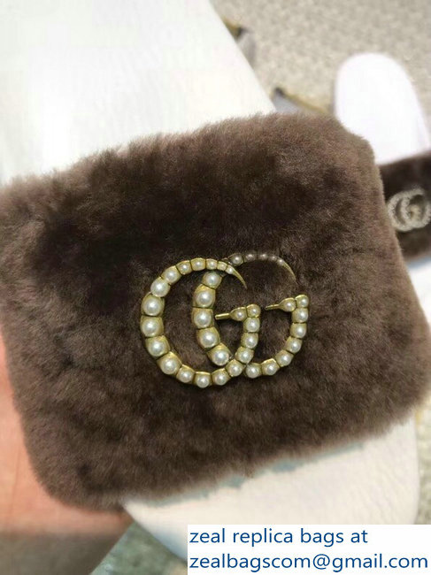 Gucci Heel 1.5cm Shearling Fur Crystal Double G Slide Sandals Coffee 2018 - Click Image to Close