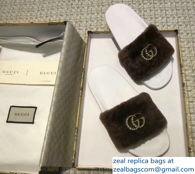 Gucci Heel 1.5cm Shearling Fur Crystal Double G Slide Sandals Coffee 2018