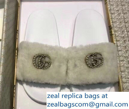 Gucci Heel 1.5cm Shearling Fur Crystal Double G Slide Sandals Creamy 2018 - Click Image to Close