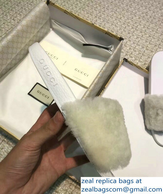 Gucci Heel 1.5cm Shearling Fur Crystal Double G Slide Sandals Creamy 2018
