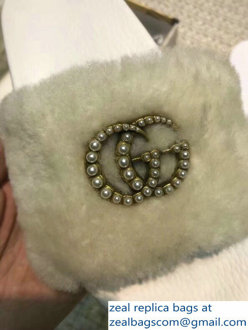 Gucci Heel 1.5cm Shearling Fur Crystal Double G Slide Sandals Creamy 2018 - Click Image to Close