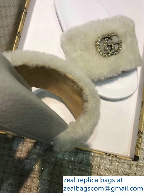 Gucci Heel 1.5cm Shearling Fur Crystal Double G Slide Sandals Creamy 2018