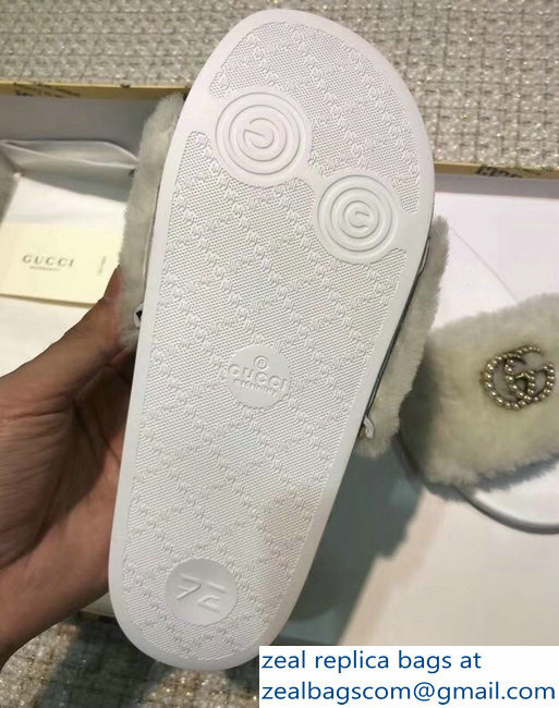 Gucci Heel 1.5cm Shearling Fur Crystal Double G Slide Sandals Creamy 2018 - Click Image to Close