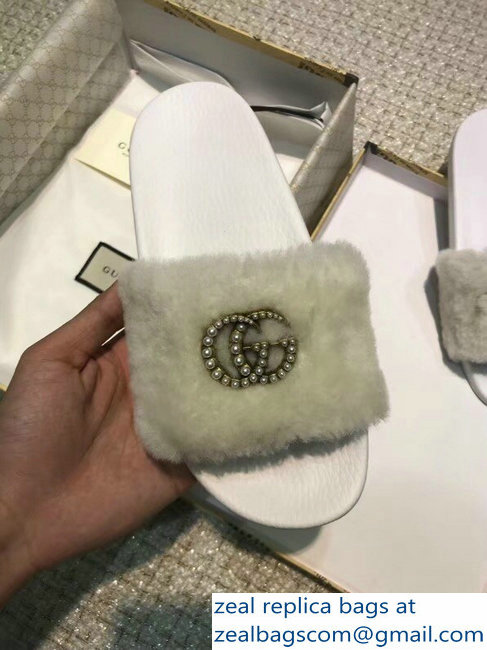 Gucci Heel 1.5cm Shearling Fur Crystal Double G Slide Sandals Creamy 2018