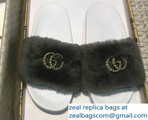 Gucci Heel 1.5cm Shearling Fur Crystal Double G Slide Sandals Dark Gray 2018 - Click Image to Close