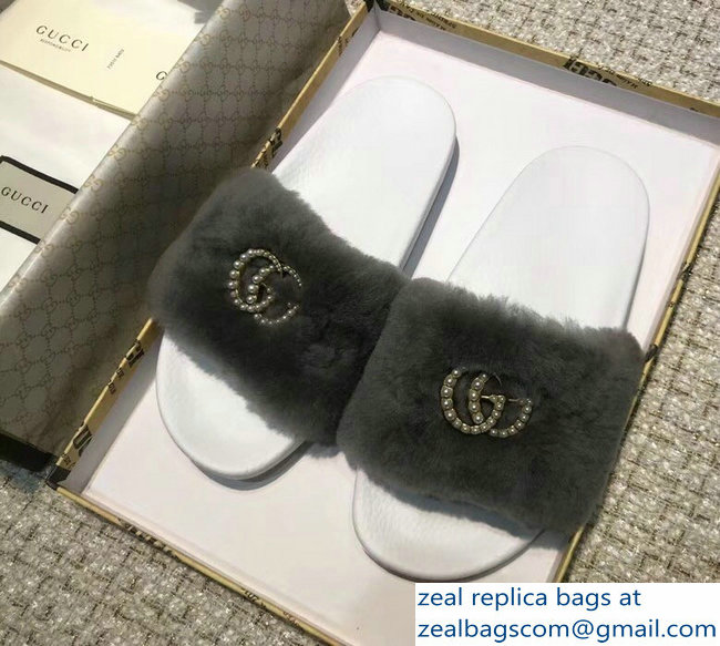 Gucci Heel 1.5cm Shearling Fur Crystal Double G Slide Sandals Dark Gray 2018 - Click Image to Close