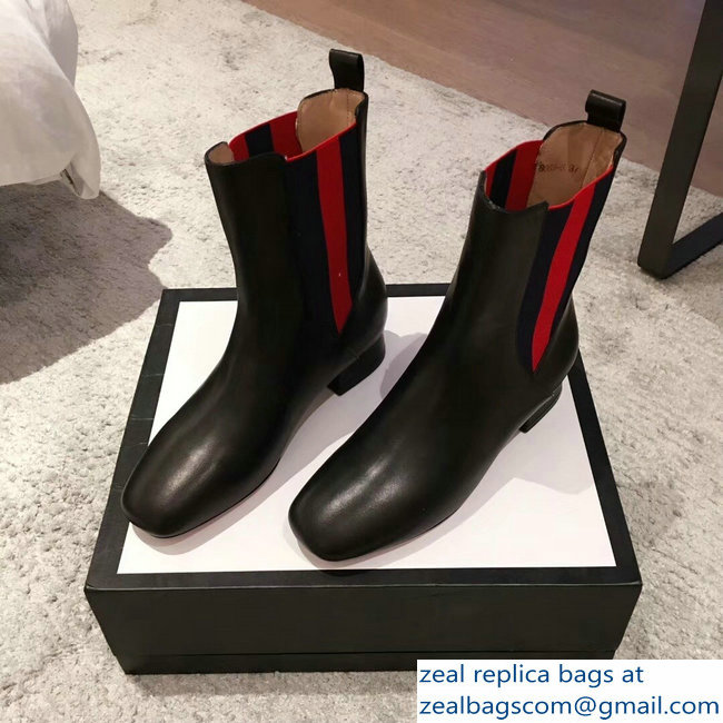 Gucci Heel 2.5cm Web Leather Ankle Boots Black 2018