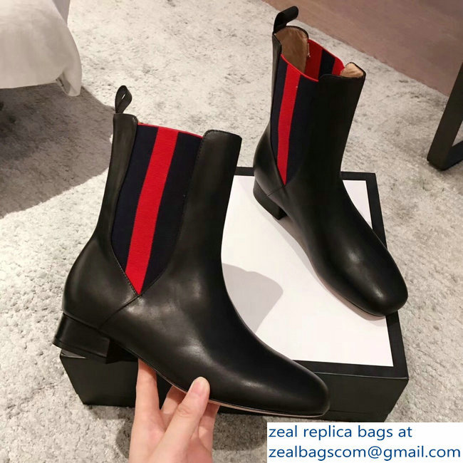 Gucci Heel 2.5cm Web Leather Ankle Boots Black 2018