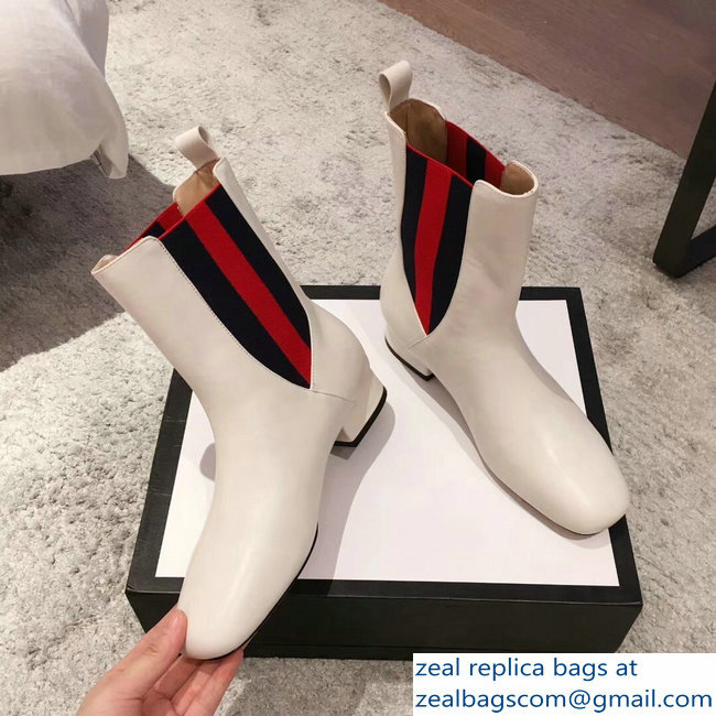 Gucci Heel 2.5cm Web Leather Ankle Boots White 2018