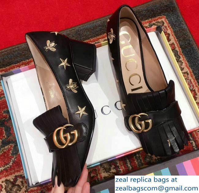 Gucci Heel 4.5cm Double G Fringe Leather Pumps Black Gold Thread Embroidered Bees And Stars 2018 - Click Image to Close