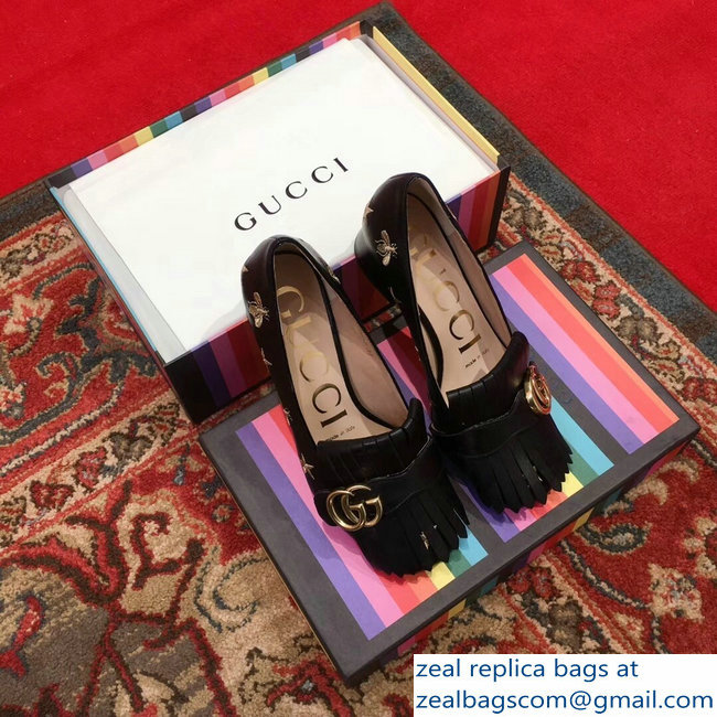 Gucci Heel 4.5cm Double G Fringe Leather Pumps Black Gold Thread Embroidered Bees And Stars 2018