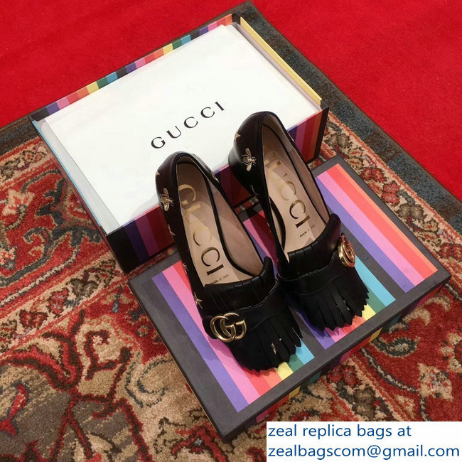 Gucci Heel 4.5cm Double G Fringe Leather Pumps Black Gold Thread Embroidered Bees And Stars 2018 - Click Image to Close