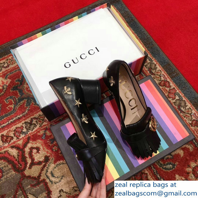 Gucci Heel 4.5cm Double G Fringe Leather Pumps Black Gold Thread Embroidered Bees And Stars 2018