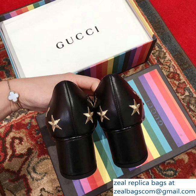 Gucci Heel 4.5cm Double G Fringe Leather Pumps Black Gold Thread Embroidered Bees And Stars 2018 - Click Image to Close