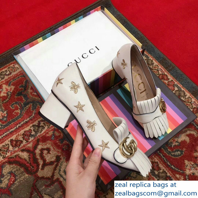 Gucci Heel 4.5cm Double G Fringe Leather Pumps White Gold Thread Embroidered Bees And Stars 2018