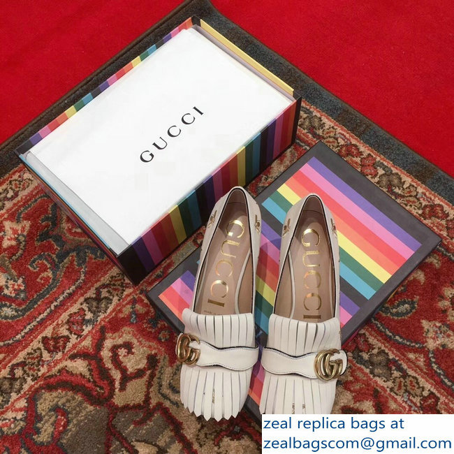 Gucci Heel 4.5cm Double G Fringe Leather Pumps White Gold Thread Embroidered Bees And Stars 2018 - Click Image to Close