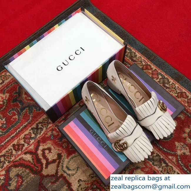 Gucci Heel 4.5cm Double G Fringe Leather Pumps White Gold Thread Embroidered Bees And Stars 2018 - Click Image to Close