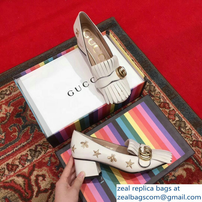 Gucci Heel 4.5cm Double G Fringe Leather Pumps White Gold Thread Embroidered Bees And Stars 2018 - Click Image to Close