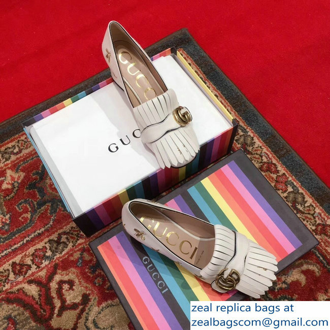 Gucci Heel 4.5cm Double G Fringe Leather Pumps White Gold Thread Embroidered Bees And Stars 2018