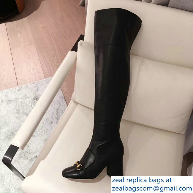 Gucci Heel 6.5cm Horsebit Leather Knee Boots Black 2018