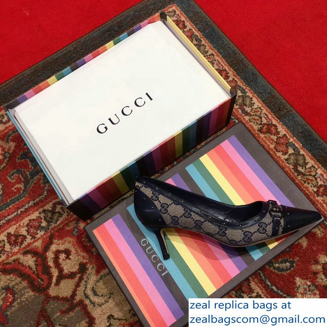 Gucci Heel 6.5cm Horsebit Pumps GG Blue 2018 - Click Image to Close