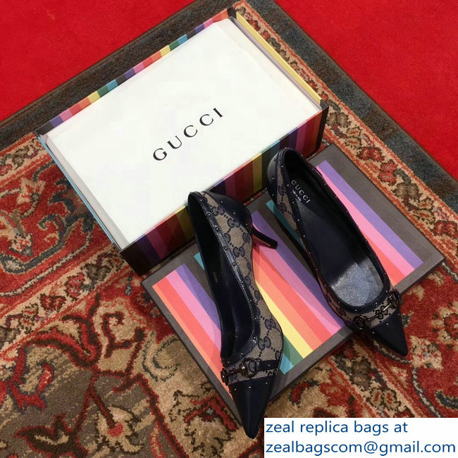 Gucci Heel 6.5cm Horsebit Pumps GG Blue 2018