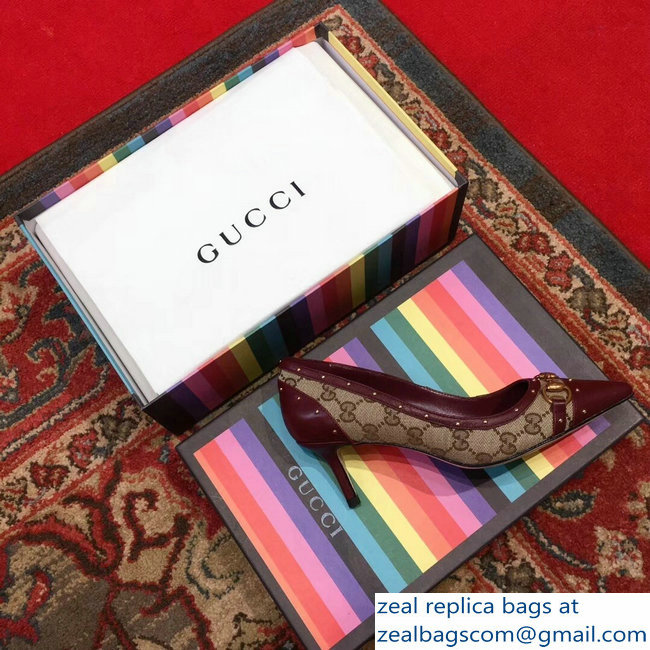 Gucci Heel 6.5cm Horsebit Pumps GG Burgundy 2018 - Click Image to Close