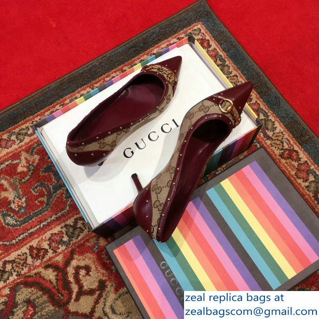 Gucci Heel 6.5cm Horsebit Pumps GG Burgundy 2018 - Click Image to Close