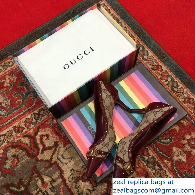 Gucci Heel 6.5cm Horsebit Pumps GG Burgundy 2018 - Click Image to Close