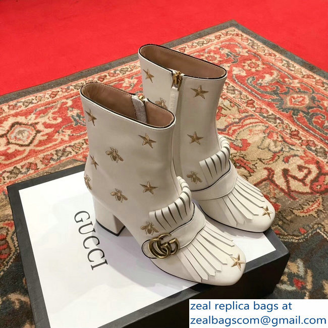 Gucci Heel 7.5cm Double G Fringe Leather Boots White Gold Thread Embroidered Bees And Stars 2018 - Click Image to Close