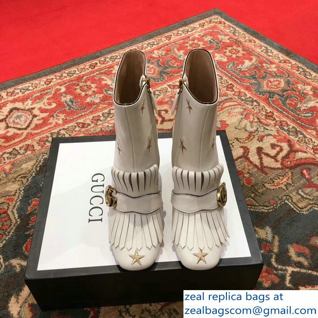 Gucci Heel 7.5cm Double G Fringe Leather Boots White Gold Thread Embroidered Bees And Stars 2018 - Click Image to Close