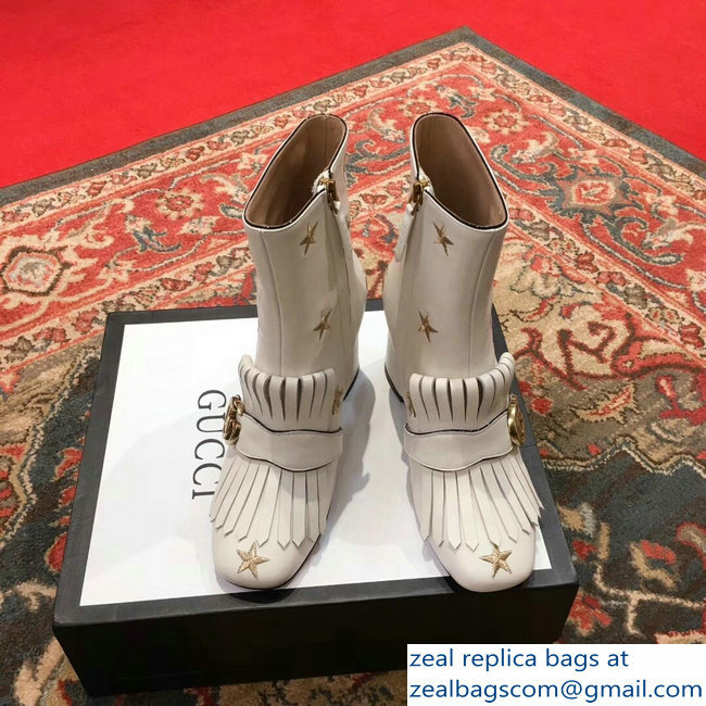 Gucci Heel 7.5cm Double G Fringe Leather Boots White Gold Thread Embroidered Bees And Stars 2018