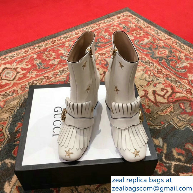 Gucci Heel 7.5cm Double G Fringe Leather Boots White Gold Thread Embroidered Bees And Stars 2018 - Click Image to Close