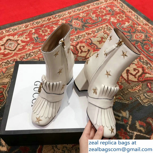 Gucci Heel 7.5cm Double G Fringe Leather Boots White Gold Thread Embroidered Bees And Stars 2018 - Click Image to Close