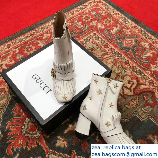 Gucci Heel 7.5cm Double G Fringe Leather Boots White Gold Thread Embroidered Bees And Stars 2018