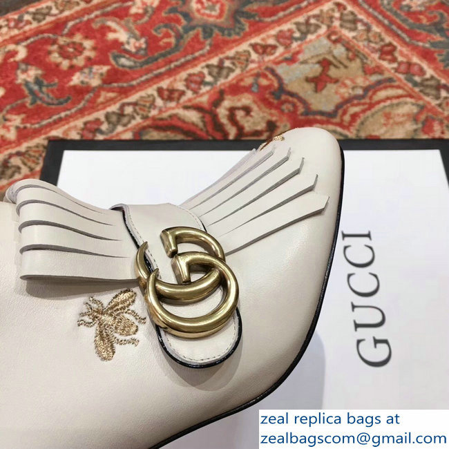 Gucci Heel 7.5cm Double G Fringe Leather Boots White Gold Thread Embroidered Bees And Stars 2018 - Click Image to Close