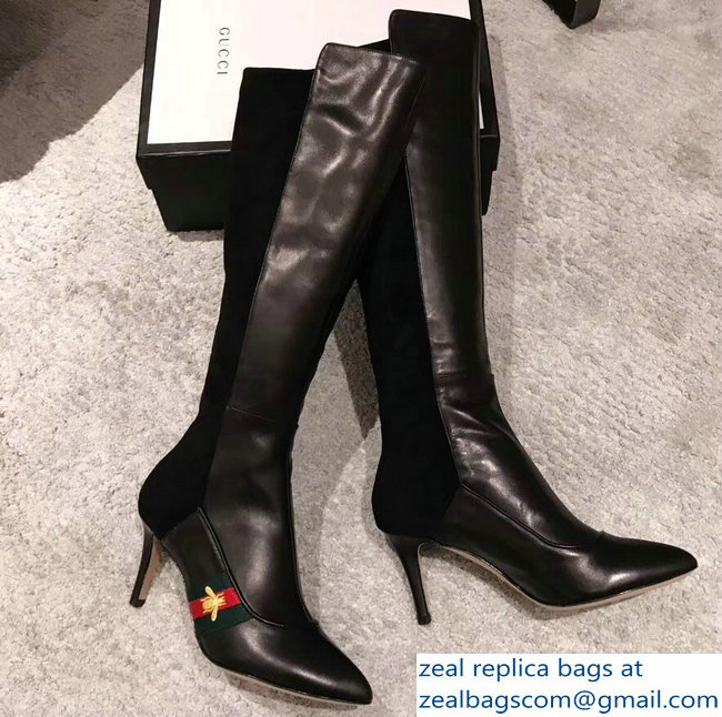 Gucci Heel 8.5cm Web Bee Knee Boots Black 2018 - Click Image to Close