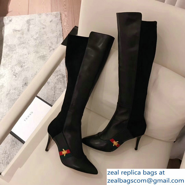 Gucci Heel 8.5cm Web Bee Knee Boots Black 2018 - Click Image to Close