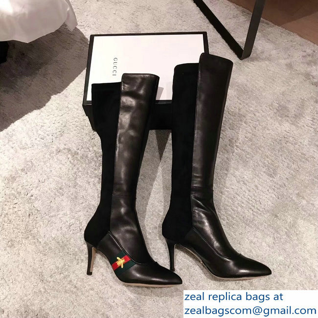 Gucci Heel 8.5cm Web Bee Knee Boots Black 2018