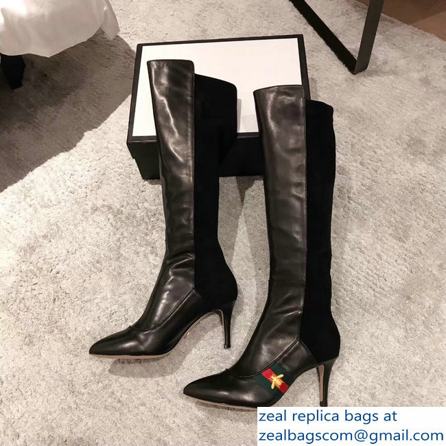 Gucci Heel 8.5cm Web Bee Knee Boots Black 2018 - Click Image to Close