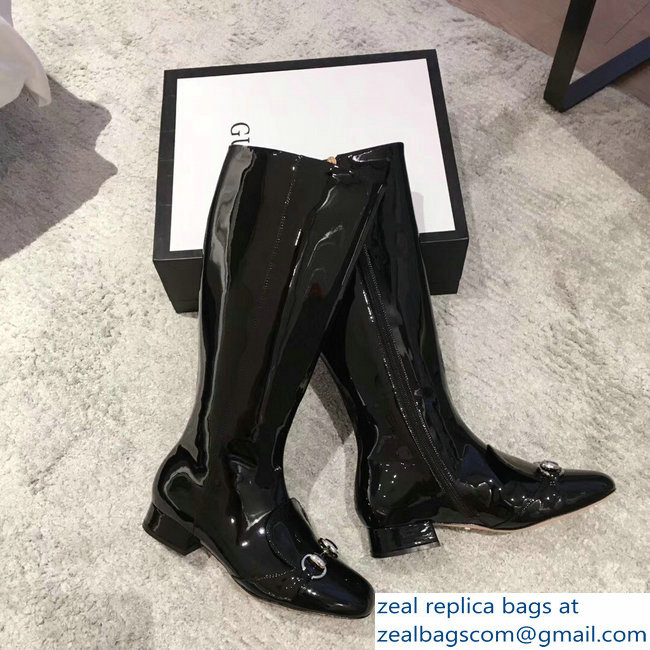 Gucci Horsebit Patent Leather High Boots Black 2018