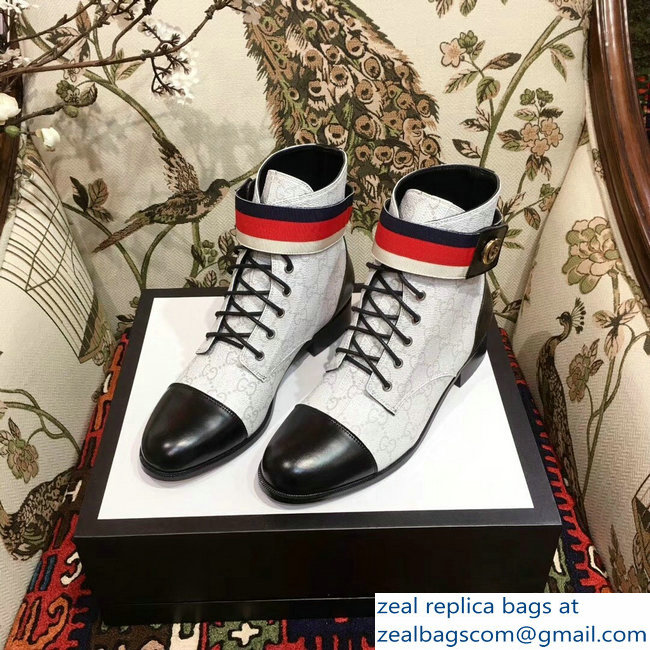 Gucci Lace-up Ankle Boots GG White with Strap 2018