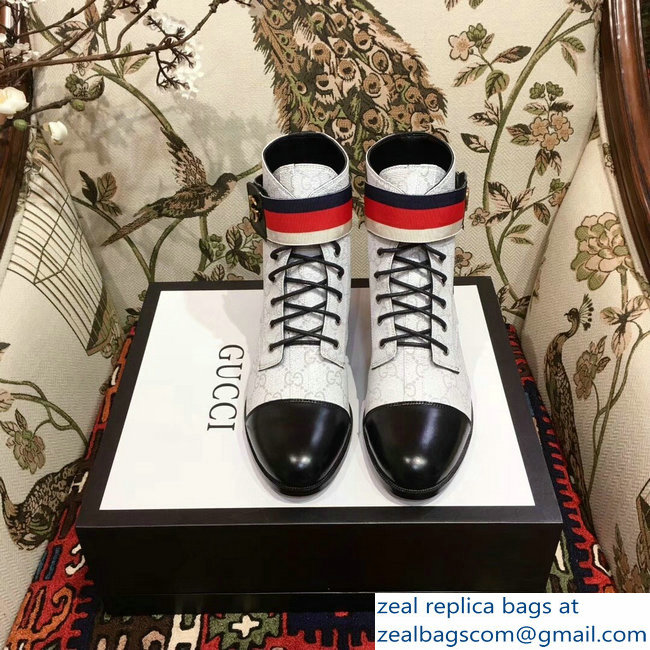 Gucci Lace-up Ankle Boots GG White with Strap 2018