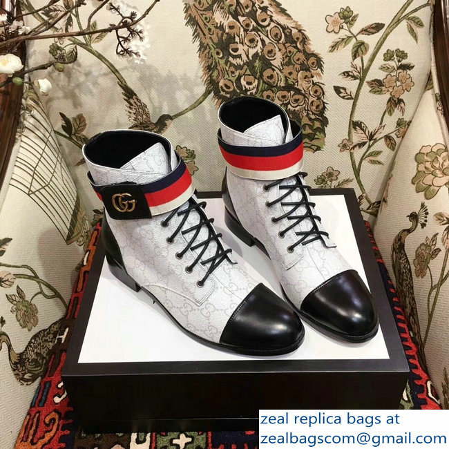 Gucci Lace-up Ankle Boots GG White with Strap 2018