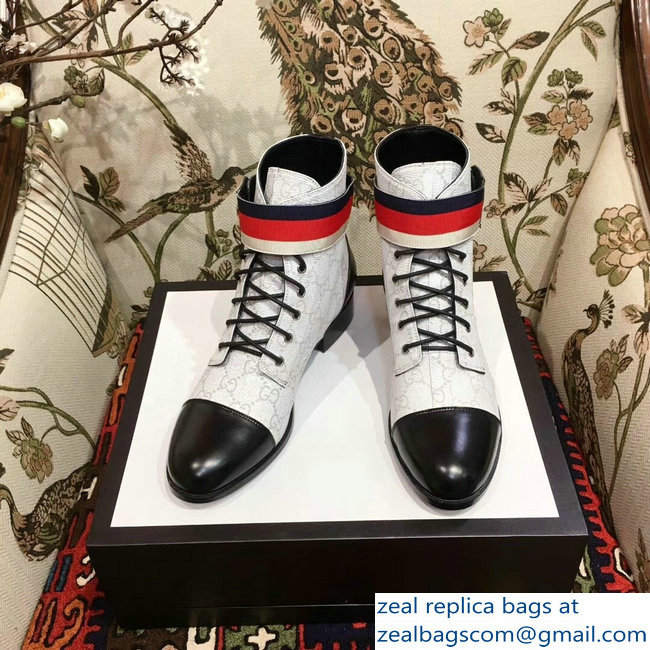 Gucci Lace-up Ankle Boots GG White with Strap 2018